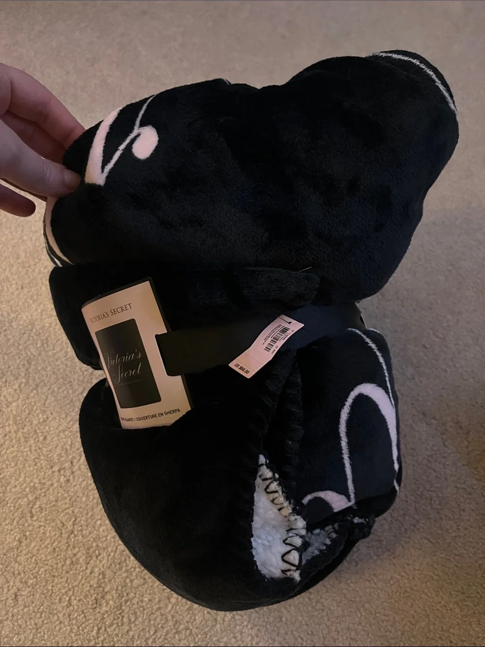 Victoria's Secret Black Plush Sherpa Throw with Pink Accents